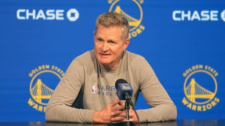 Golden State Warriors head coach Steve Kerr talks to media members at Chase Center. 
