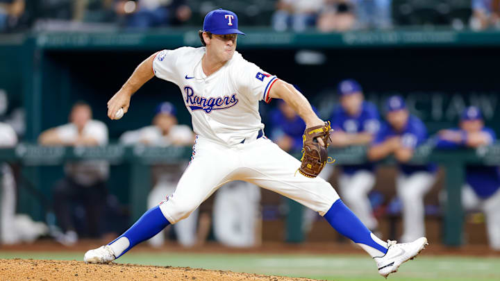 Sep 4, 2024; Arlington, Texas, USA; Texas Rangers pitcher Matt Festa (63) comes on to pitch during the eighth inning New York Yankees at Globe Life Field. 