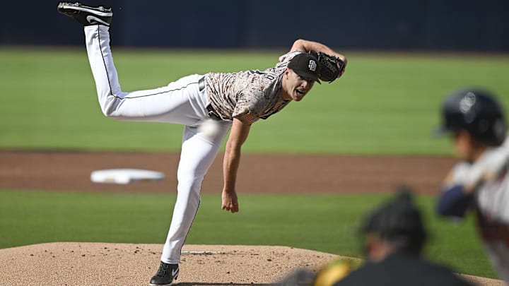 Mar 30, 2025; San Diego, California, USA; San Diego Padres starting pitcher Nick Pivetta (27) delivers against the Atlanta Braves at Petco Park. Mandatory Credit: Denis Poroy-Imagn Images