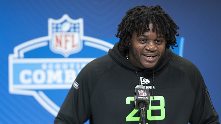Mar 1, 2025; Indianapolis, IN, USA; University of Missouri offensive lineman Armand Membou (OL28) answers questions at a press conference during the 2025 NFL Combine at Indiana Convention Center. Mandatory Credit: Jacob Musselman-Imagn Images Mar 1, 2025; Indianapolis, IN, USA; University of Missouri offensive lineman Armand Membou (OL28) answers questions at a press conference during the 2025 NFL Combine at Indiana Convention Center. Mandatory Credit: Jacob Musselman-Imagn Images