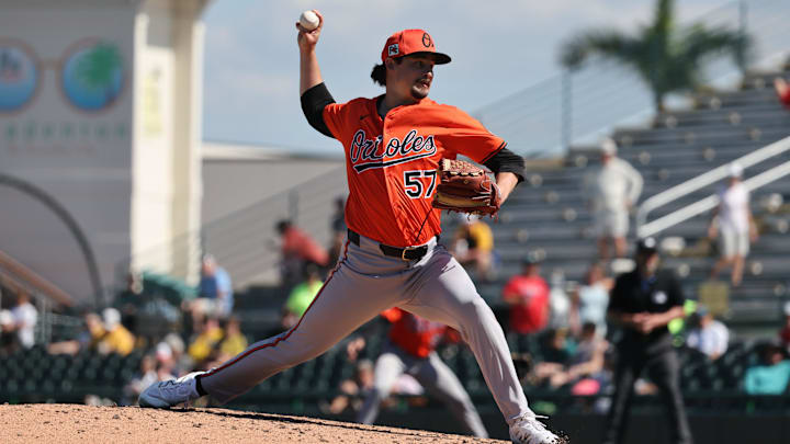 Feb 26, 2025; Bradenton, Florida, USA;  Baltimore Orioles pitcher Kade Strowd (57) throws a pitch during the fifth inning against the Pittsburgh Pirates at LECOM Park. Mandatory Credit: Kim Klement Neitzel-Imagn Images