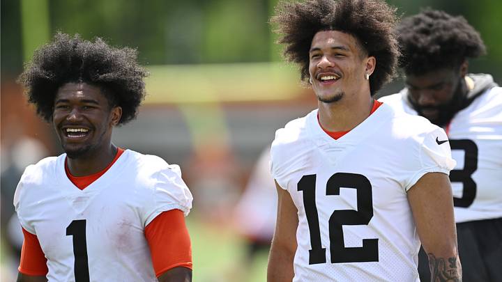 Jun 11, 2026; Berea, OH, USA; Cleveland Browns wide receiver KC Concepcion (1) and wide receiver Denzel Boston (12) exit the field during minicamp at CrossCountry Mortgage Campus. Mandatory Credit: Ken Blaze-Imagn Images Jun 11, 2026; Berea, OH, USA; Cleveland Browns wide receiver KC Concepcion (1) and wide receiver Denzel Boston (12) exit the field during minicamp at CrossCountry Mortgage Campus. Mandatory Credit: Ken Blaze-Imagn Images
