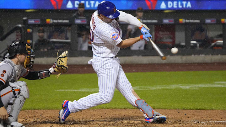 Jul 2, 2023; New York City, New York, USA; New York Mets designated hitter Pete Alonso (20) hits a two run home run against the San Francisco Giants during the eighth inning at Citi Field.