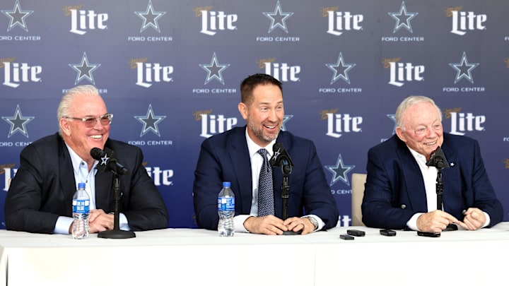 Jan 27, 2025; Frisco, TX, USA;   (L to R) Dallas Cowboys CEO Stephen Jones, head coach Brian Schottenheimer and owner Jerry Jones speak to the media at a press conference at the Star.  Mandatory Credit: Tim Heitman-Imagn Images