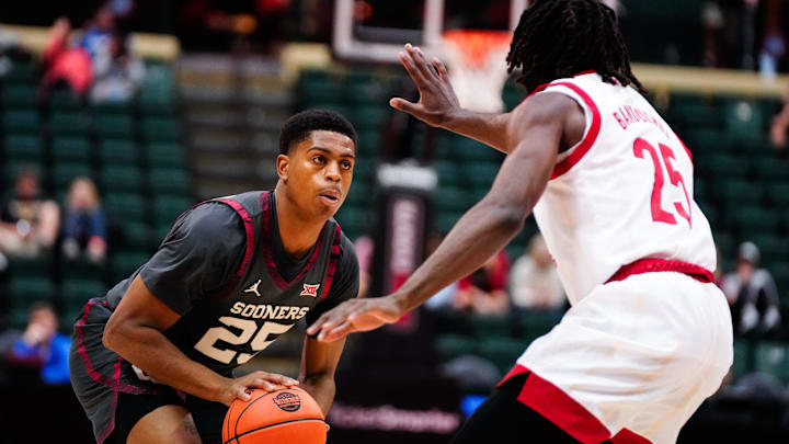 Oklahoma guard Grant Sherfield prepares to shoot against Nebraska's Emmanuel Bandoumel on Nov. 24, 2022.