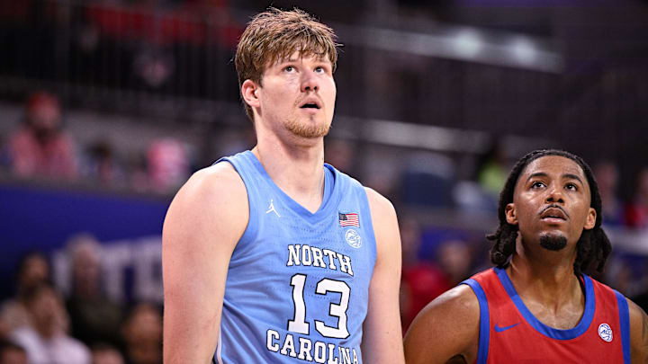 Jan 3, 2026; Dallas, Texas, USA; North Carolina Tar Heels center Henri Veesaar (13) looks on during the game between the Mustangs and the Tar Heels at Moody Coliseum. Mandatory Credit: Jerome Miron-Imagn Images