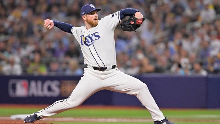 Oct 12, 2026; St. Petersburg, Florida, USA;  Tampa Bay Rays pitcher Drew Rasmussen (57) throws a pitch against the Cleveland Guardians during the first inning in game one of the ALCS for the 2026 MLB Playoffs at Tropicana Field.  Mandatory Credit: Pablo Robles-Imagn Images