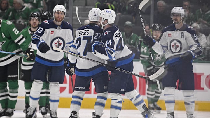 Winnipeg Jets players celebrates a goal scored by forward Nikolaj Ehlers against the Dallas Stars.