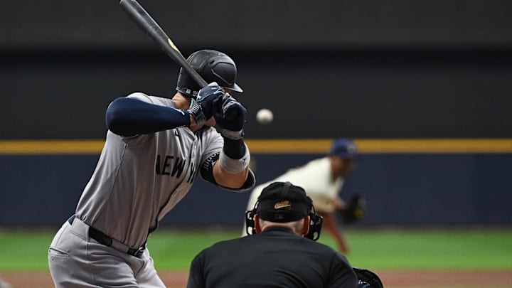 Apr 27, 2024; Milwaukee, Wisconsin, USA; New York Yankees outfielder Aaron Judge (99) put to bat against Milwaukee Brewers pitcher Joe Ross (41) in the first inning at American Family Field. Mandatory Credit: Michael McLoone-Imagn Images