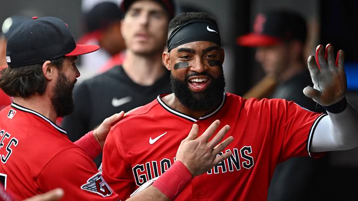 Aug 18, 2026; Cleveland, Ohio, USA; Cleveland Guardians right fielder Jo Adell, right, celebrates with catcher Austin Hedges after his sixth RBI of the game against the San Francisco Giants at Progressive Field. Mandatory Credit: Ken Blaze-Imagn Images
