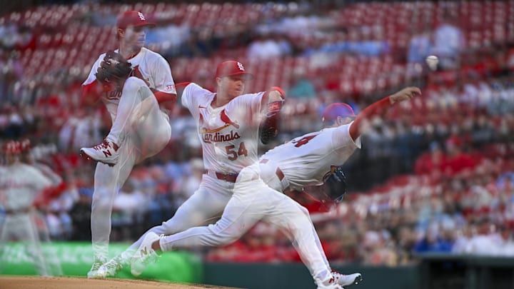 Apr 9, 2024; St. Louis, Missouri, USA;  (editors note: multiple exposure image) St. Louis Cardinals starting pitcher Sonny Gray (54) pitches against the Philadelphia Phillies during the first inning at Busch Stadium. Mandatory Credit: Jeff Curry-Imagn Images