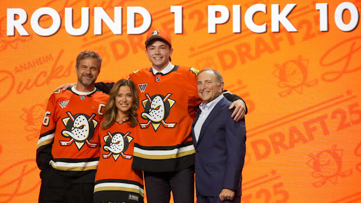Roger McQueen is selected as the No. 10 pick to the Anaheim Ducks in the first round of the 2025 NHL Draft