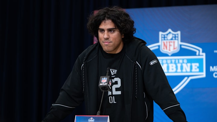 Feb 28, 2026; Indianapolis, IN, USA; Utah offensive lineman Spencer Fano (OL22) speaks to members of the media during the NFL Combine at the Indiana Convention Center. Mandatory Credit: Jacob Musselman-Imagn Images