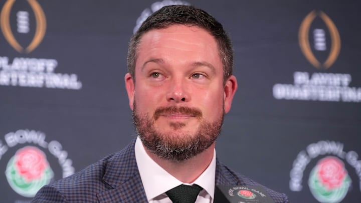 Dec 31, 2024; Los Angeles, California, USA; Oregon Ducks head coach Dan Lanning during the Rose Bowl head coaches press conference at Sheraton Grand LA. Mandatory Credit: Kirby Lee-Imagn Images