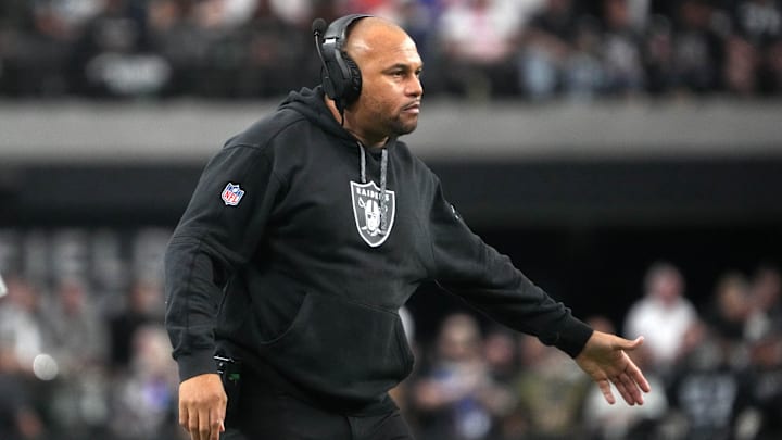 Nov 24, 2024; Paradise, Nevada, USA; Las Vegas Raiders coach Antonio Pierce reacts in the first half against the Denver Broncos at Allegiant Stadium. Mandatory Credit: Kirby Lee-Imagn Images
