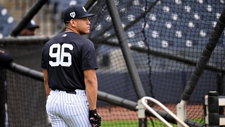 Tampa, FL, USA; New York Yankees catcher Agustin Ramirez (96) prepares to take batting practice at George M. Steinbrenner Field.