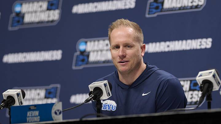 Mar 18, 2026; Portland, OR, USA; BYU Cougars head coach Kevin Young answers questions during a press conference before a practice session ahead of the first round of the men's 2026 NCAA Tournament at Moda Center. Mandatory Credit: Troy Wayrynen-Imagn Images