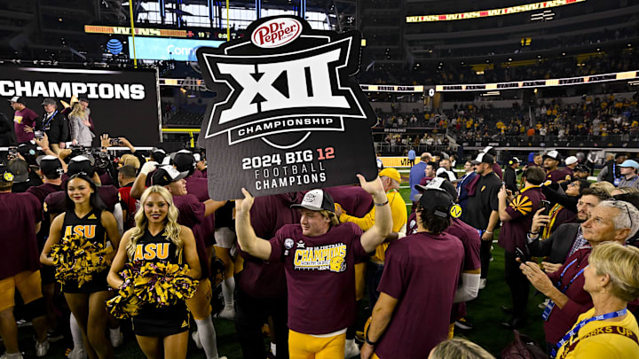Dec 7, 2024; Arlington, TX, USA; The Arizona State Sun Devils celebrate after the Sun Devils defeat the Iowa State Cyclones at AT&T Stadium. Mandatory Credit: Jerome Miron-Imagn Images