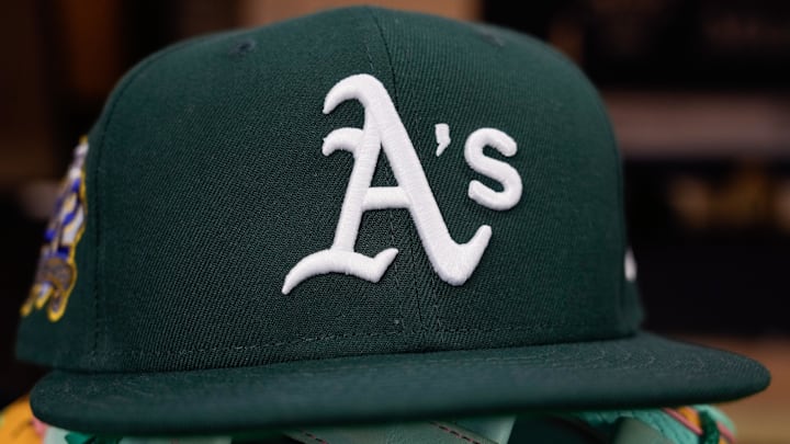 Apr 18, 2025; Milwaukee, Wisconsin, USA;  General view of an Athletics hat during batting practice prior to  the game against the Milwaukee Brewers at American Family Field.