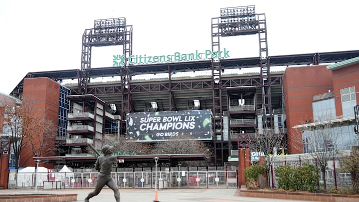 Feb 13, 2025; Philadelphia, PA, USA; Philadelphia Eagles Super Bowl LIX Champions signage at Citizens Bank Park. The stadium is the home of the Philadelphia Phillies.
