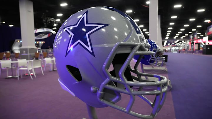 Feb 9, 2024; Las Vegas, NV, USA; A large Dallas Cowboys helmet at the NFL Experience at the Mandalay Bay South Convention Center. Mandatory Credit: Kirby Lee-Imagn Images