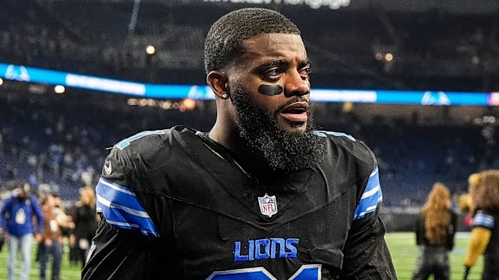 Detroit Lions cornerback Amik Robertson (21) is emotional as he exits the field after 31-9 win over Minnesota Vikings at Ford Field in Detroit on Sunday, Jan. 5, 2025.