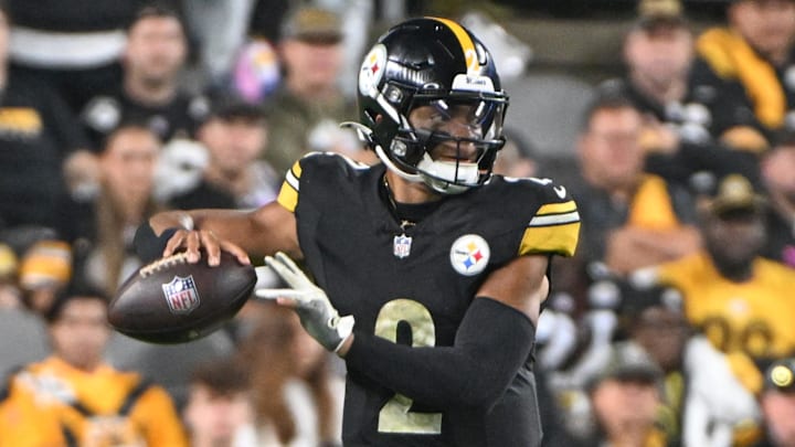 Oct 6, 2024; Pittsburgh, Pennsylvania, USA; Pittsburgh Steelers quarterback Justin Fields (2) throws a pass against the Dallas Cowboys during the fourth quarter at Acrisure Stadium. Mandatory Credit: Barry Reeger-Imagn Images





