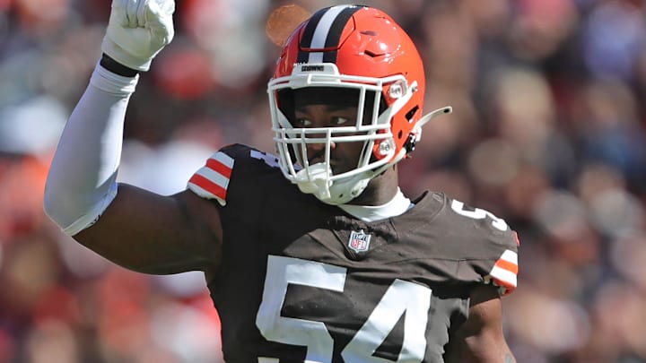 Cleveland Browns defensive end Ogbo Okoronkwo (54) celebrates during the first half of an NFL football game at Huntington Bank Field, Sunday, Oct. 20, 2024, in Cleveland, Ohio.