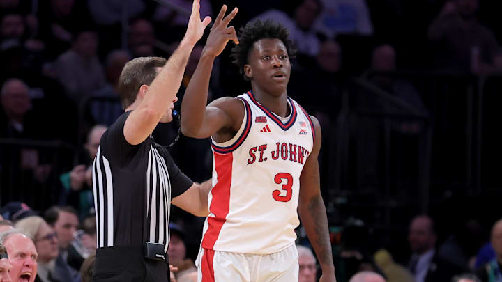 Mar 13, 2026; New York, NY, USA; St. John's Red Storm guard Joson Sanon (3) celebrates his three point shot against the Seton Hall Pirates during the first half at Madison Square Garden. Mandatory Credit: Brad Penner-Imagn Images