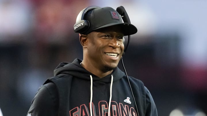Dec 21, 2025; Glendale, Arizona, USA; Atlanta Falcons head coach Raheem Morris against the Arizona Cardinals at State Farm Stadium. Mandatory Credit: Mark J. Rebilas-Imagn Images
