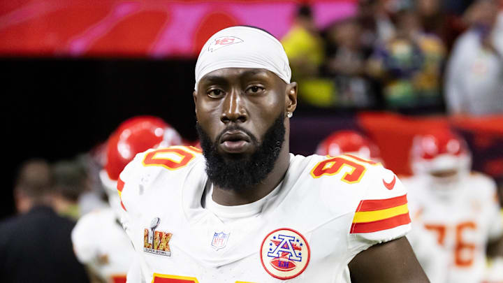 Feb 9, 2025; New Orleans, LA, USA; Kansas City Chiefs defensive end Charles Omenihu (90) against the Philadelphia Eagles in Super Bowl LIX at Ceasars Superdome. Mandatory Credit: Mark J. Rebilas-Imagn Images Feb 9, 2025; New Orleans, LA, USA; Kansas City Chiefs defensive end Charles Omenihu (90) against the Philadelphia Eagles in Super Bowl LIX at Ceasars Superdome. Mandatory Credit: Mark J. Rebilas-Imagn Images