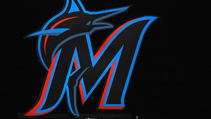A general view of the Miami Marlins illuminated logo at loanDepot park during the game between the Miami Marlins and the Arizona Diamondbacks.