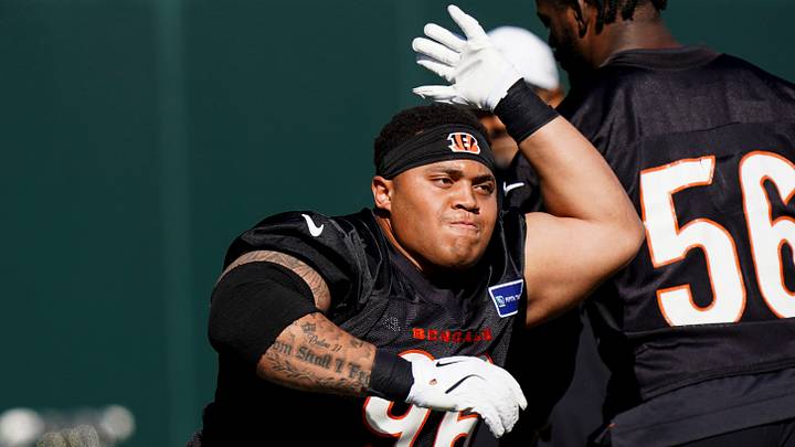 Bengals defensive tackle Landon Robinson (96) runs through a drill during a rookie mini camp workout at the Bengals practice facility in downtown Cincinnati on Friday, May 8, 2026. Bengals defensive tackle Landon Robinson (96) runs through a drill during a rookie mini camp workout at the Bengals practice facility in downtown Cincinnati on Friday, May 8, 2026.