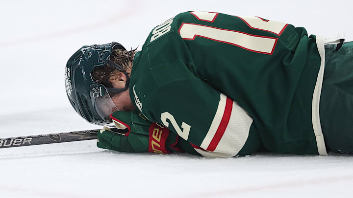 Minnesota Wild left wing Matt Boldy got taken out by Jamie Benn on a play that the TNT studio crew wasn't sure was unintentional. (Mandatory Credit: Matt Krohn-Imagn Images)