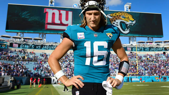 Jacksonville Jaguars quarterback Trevor Lawrence (16) heads off the field after Sunday's loss to the Giants. Jacksonville Jaguars quarterback Trevor Lawrence (16) heads off the field after Sunday's loss to the Giants.