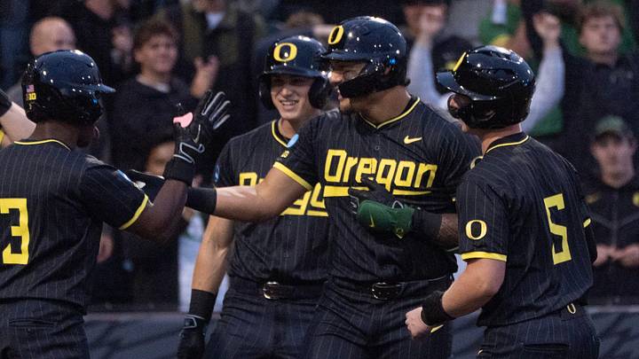 Oregon’s Naulivou Lauaki Jr. celebrates his eighth-inning home run with fans during the NCAA Eugene Regional Baseball Tournament game against Yale at PK Park n Eugene May 29, 2026.