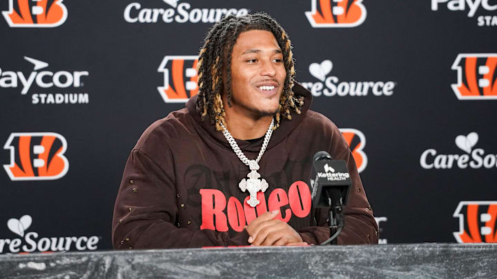 Cincinnati Bengals second-round pick Cashius Howell speaks with media during the 2026 NFL Draft, Saturday, April 25, 2026, at Paycor Stadium in downtown Cincinnati.