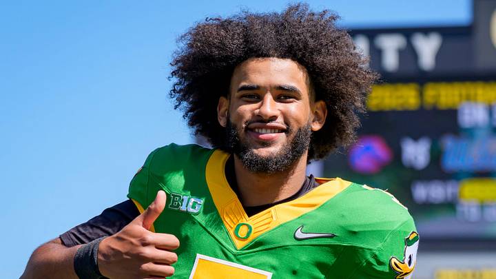 Oregon quarterback Dante Moore walks off the field during the Oregon Ducks annual spring game on April 25, 2026 at Autzen Stadium in Eugene, Oregon.