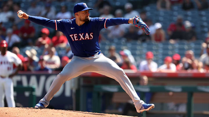 Sep 29, 2024; Anaheim, California, USA;  Texas Rangers starting pitcher Nathan Eovaldi (17) pitches during the third inning against the Los Angeles Angels at Angel Stadium. Mandatory Credit: Kiyoshi Mio-Imagn Images