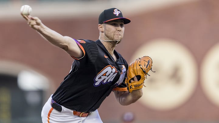 Apr 8, 2025; San Francisco, California, USA;  San Francisco Giants starting pitcher Landen Roupp (65) throws against the Cincinnati Reds during the first inning at Oracle Park. 
