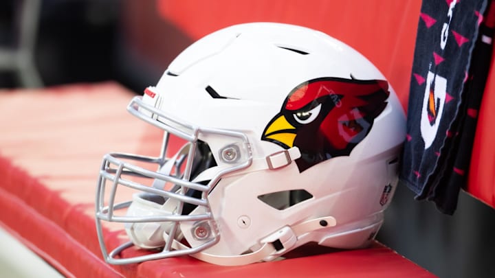 Jan 5, 2025; Glendale, Arizona, USA; Detailed view of an Arizona Cardinals helmet at State Farm Stadium. Mandatory Credit: Mark J. Rebilas-Imagn Images