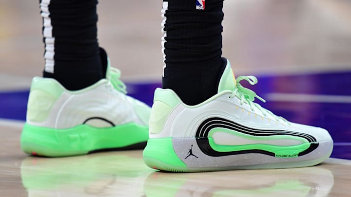 Feb 25, 2025; Los Angeles, California, USA; A detailed view of Los Angeles Lakers guard Luka Doncic (77) shoes during the first quarter at Crypto.com Arena.