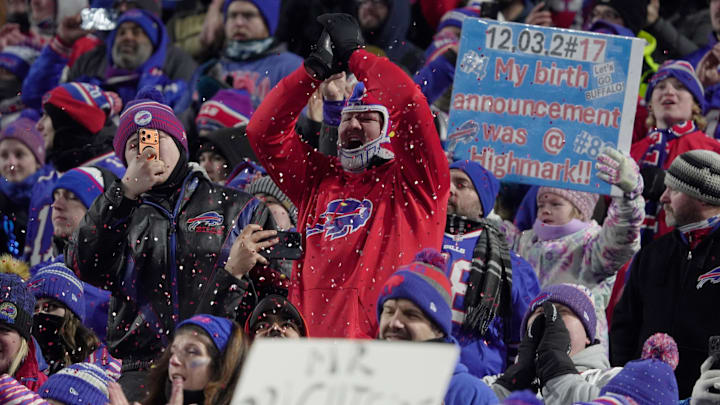 Confetti flies and fans cheer as the Bills get a first down against the Jets at Highmark Stadium in Orchard Park on Jan. 4, 2026.
