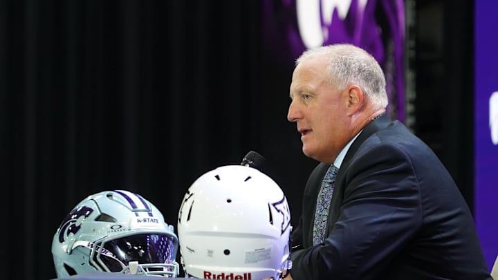 Jul 8, 2025; Frisco, TX, USA; Kansas State head coach Chris Klieman addresses the media during 2025 Big 12 Football Media Days at The Star. Mandatory Credit: Raymond Carlin III-Imagn Images