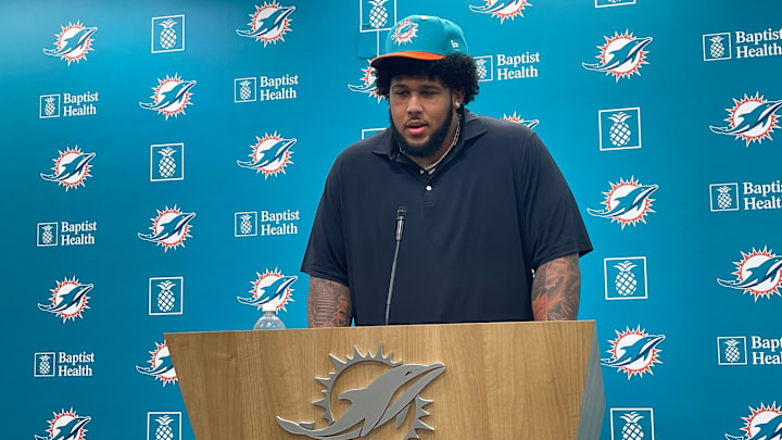 Miami Dolphins first-round pick Kadyn Proctor tackled some questions during his introductory press conference at the Baptist Health Training Complex.