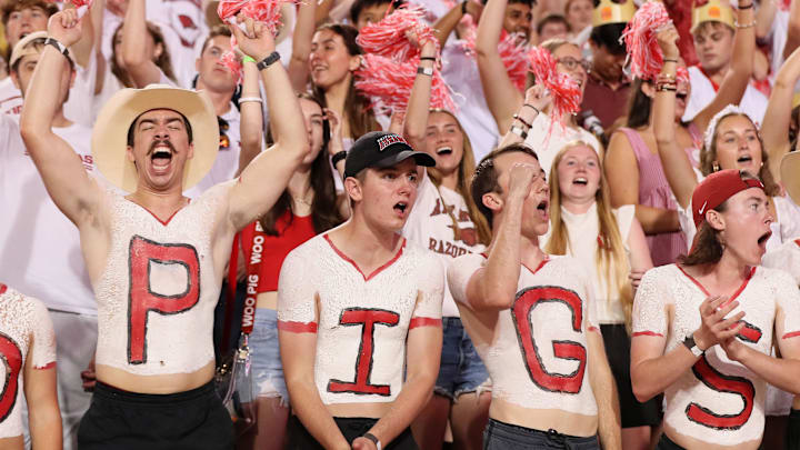 The Arkansas Razorbacks student section cheers during the game against the Tennessee Volunteers at Razorback Stadium in Fayetteville, Ark.