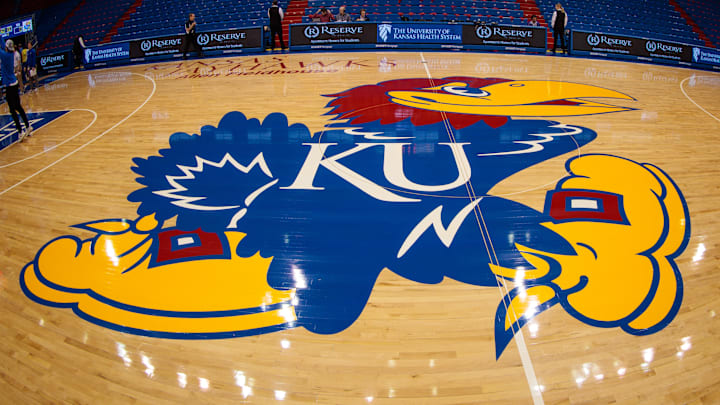Jan 21, 2023; Lawrence, Kansas, USA; Kansas Jayhawks logo at mid court prior to the game between the Kansas Jayhawks and the TCU Horned Frogs at Allen Fieldhouse.