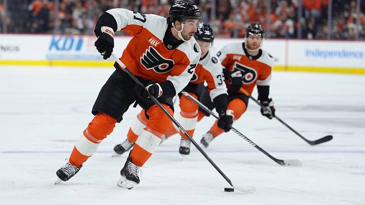 Apr 29, 2026; Philadelphia, Pennsylvania, USA; Philadelphia Flyers left wing Noah Cates (27) controls the puck against the Pittsburgh Penguins in the first period in game six of the first round of the 2026 Stanley Cup Playoffs at Xfinity Mobile Arena.