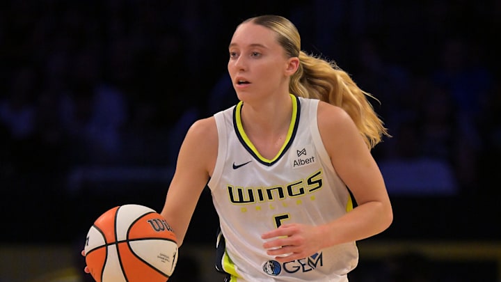Sep 7, 2025; Los Angeles, California, USA; Dallas Wings guard Paige Bueckers (5) handles the ball during the first half against the Los Angeles Sparks at Crypto.com Arena. Mandatory Credit: Jayne Kamin-Oncea-Imagn Images Sep 7, 2025; Los Angeles, California, USA; Dallas Wings guard Paige Bueckers (5) handles the ball during the first half against the Los Angeles Sparks at Crypto.com Arena. Mandatory Credit: Jayne Kamin-Oncea-Imagn Images