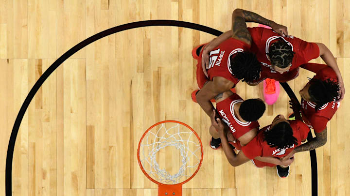 Mar 29, 2025; San Francisco, CA, USA; The Texas Tech Red Raiders huddle against the Florida Gators in the second half during the West Regional final of the 2025 NCAA tournament at Chase Center. Mandatory Credit: Eakin Howard-Imagn Images